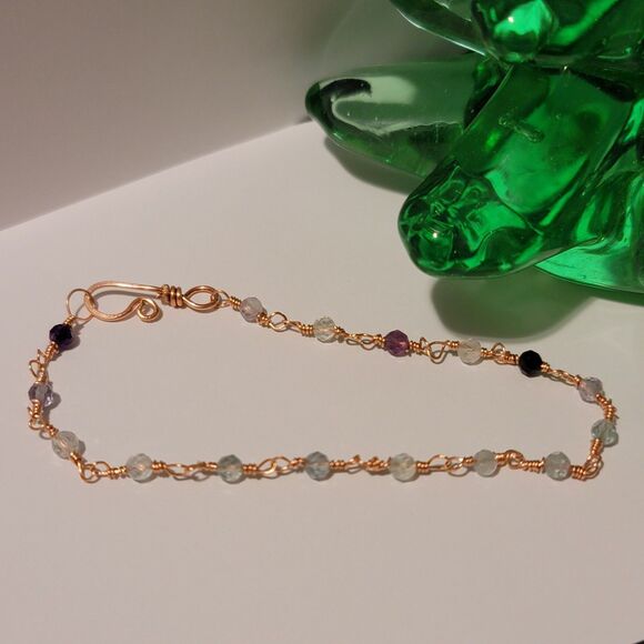 Handmade Copper Wire Wrapped Dainty Fluorite Chain Bracelet - Picture 1 of 5